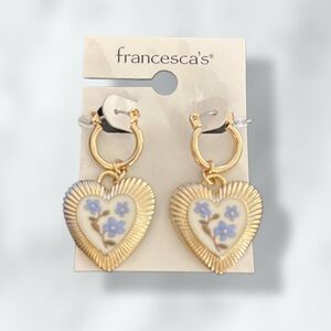 Francesca's Collections Gold Tone Heart Earrings with Blue Floral Design